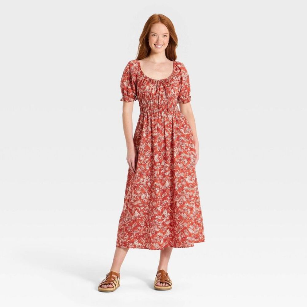Women's Balloon Short Sleeve Printed Maxi Sundress - Rust Floral S